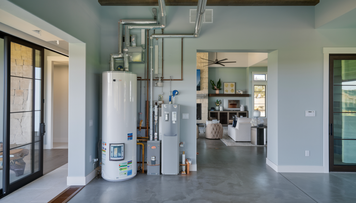 Modern, energy-efficient home interior with integrated HVAC system and water heater, featuring warm colors and Texas architectural elements.