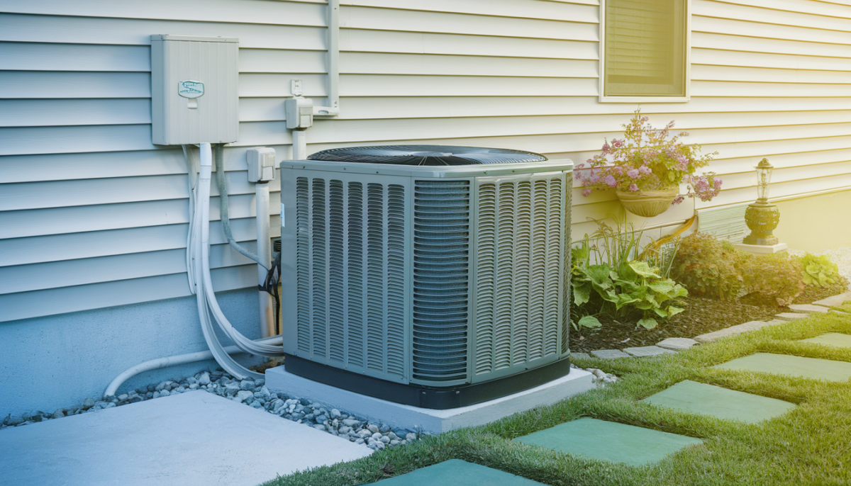 A serene residential setting showcasing a well-maintained air conditioning unit, with visual cues of plumbing and air quality enhancements, set against a warm, inviting Texas landscape.