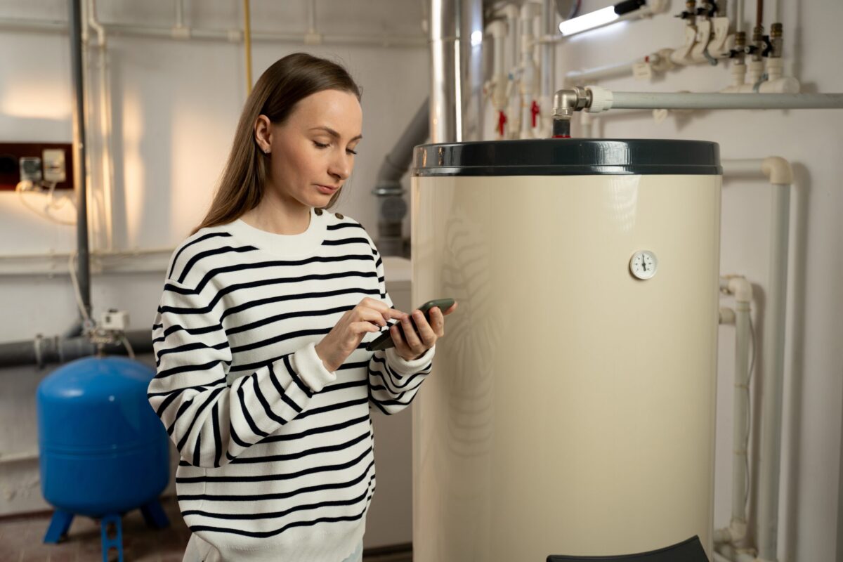 A woman calling an expert, next to her Electric Water Heater Not Working.