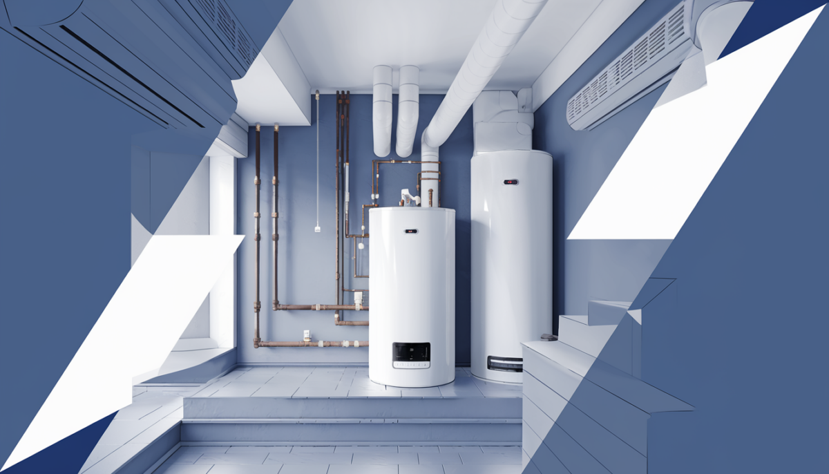Modern home interior showcasing a sleek water heater setup with visible HVAC and plumbing elements in a professional color palette.