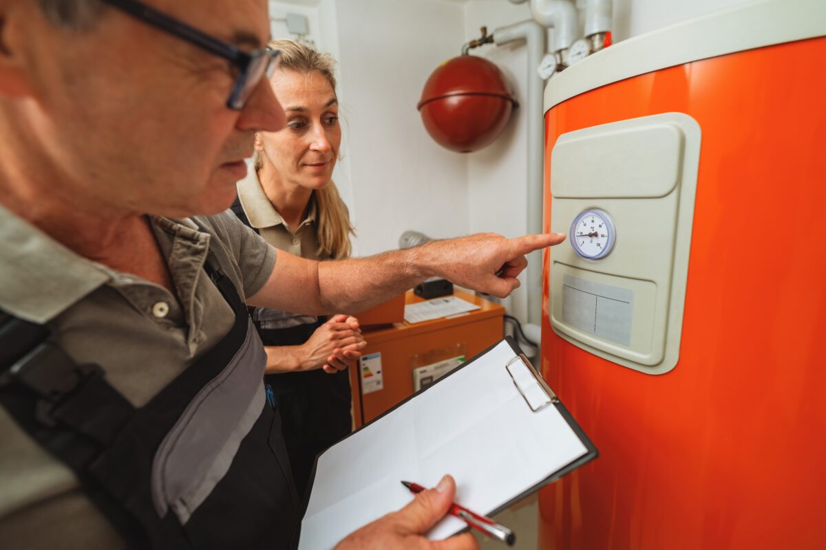 A technician in uniform inspects an hot water unit in a modern home in a Texas home, highlighting cost of water heater repair.