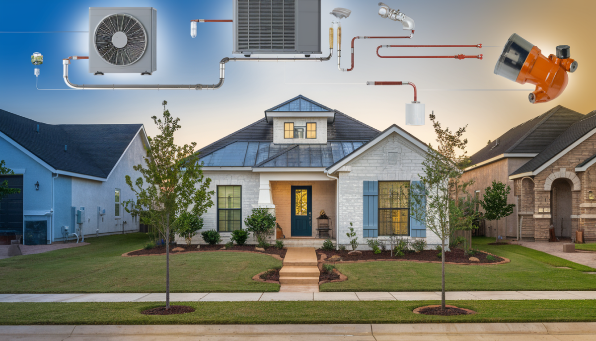 A cozy suburban Texas home with HVAC elements symbolizing comfort and reliability, featuring air conditioning and heating systems subtly integrated into the background.