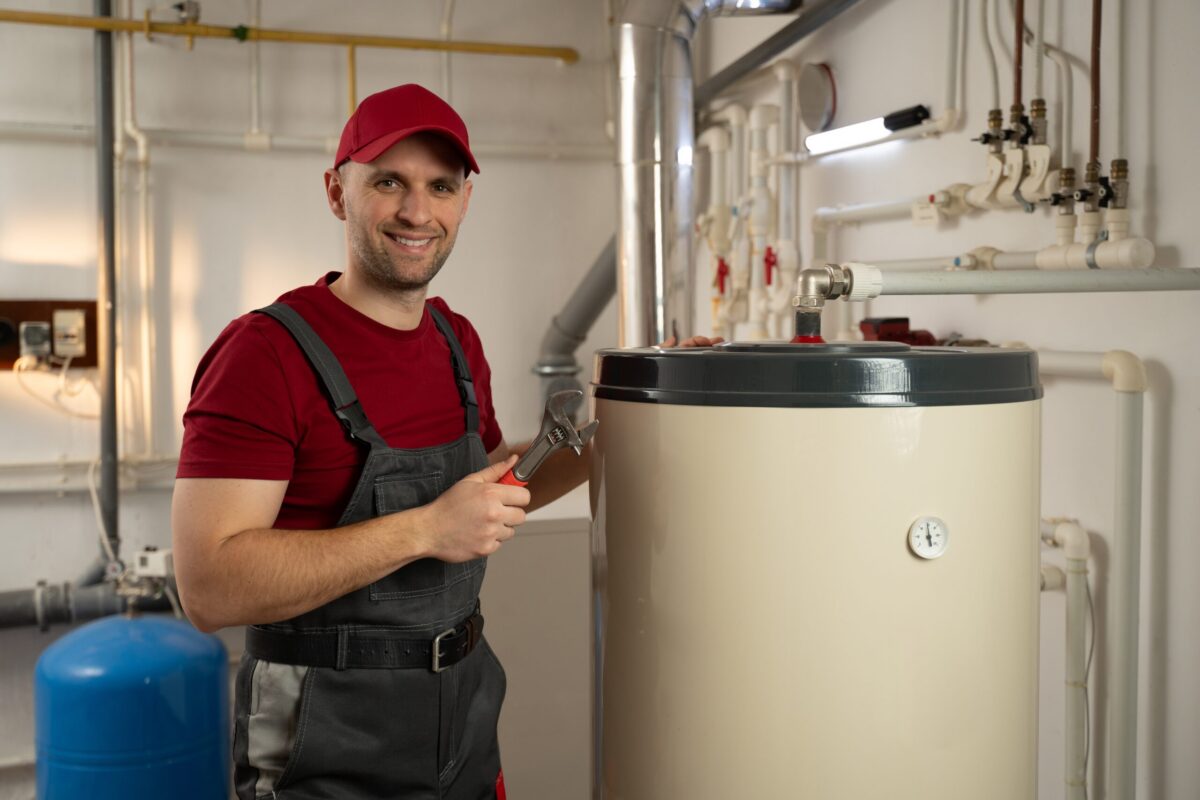 A home interior with a water heater and HVAC technician, giving a thumbs up.