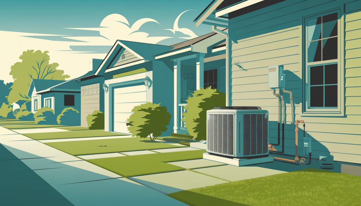 A modern air conditioning unit outside a well-maintained suburban Texas home on a sunny day, surrounded by lush greenery, with a toolbox and plumbing pipes nearby.