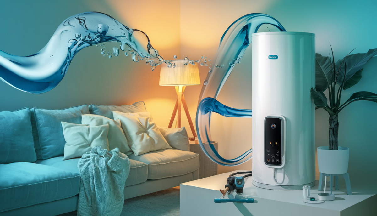 A modern, energy-efficient water heater in a cozy home setting with HVAC tools nearby, symbolizing warmth, comfort, and professional service.
