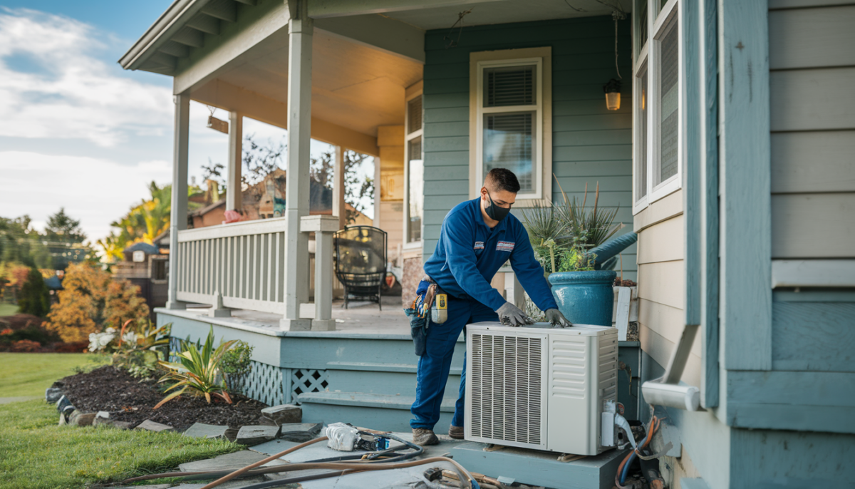 A modern mini split AC system being installed in a cozy Texas home, surrounded by HVAC tools and local flora, symbolizing comfort and reliability.