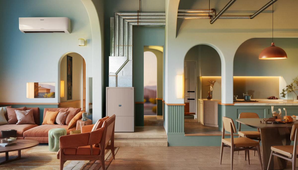 A modern home interior showcasing HVAC and plumbing systems with warm, inviting colors, reflecting comfort and efficiency.