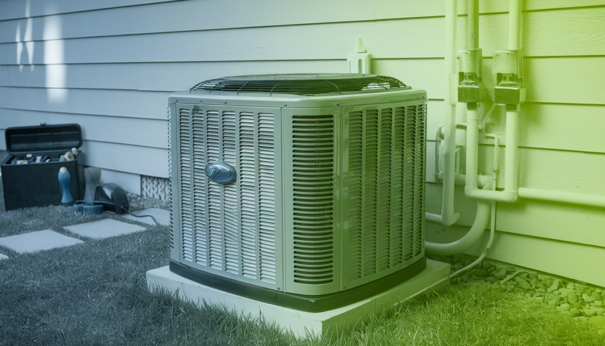 A modern air conditioning unit in a sunny, suburban Texas home with hints of HVAC services.