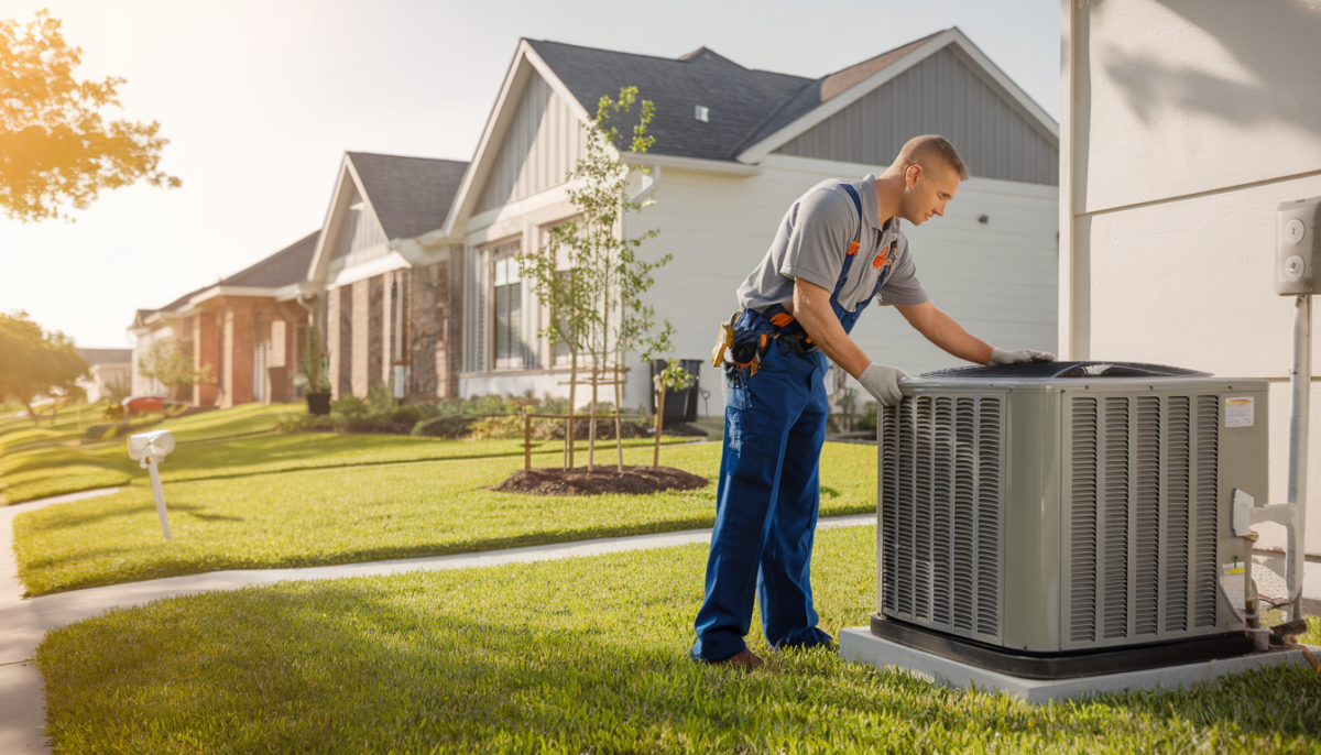 A professional HVAC technician inspects an outdoor air conditioning unit in a suburban Texas neighborhood, surrounded by lush greenery on a sunny day.