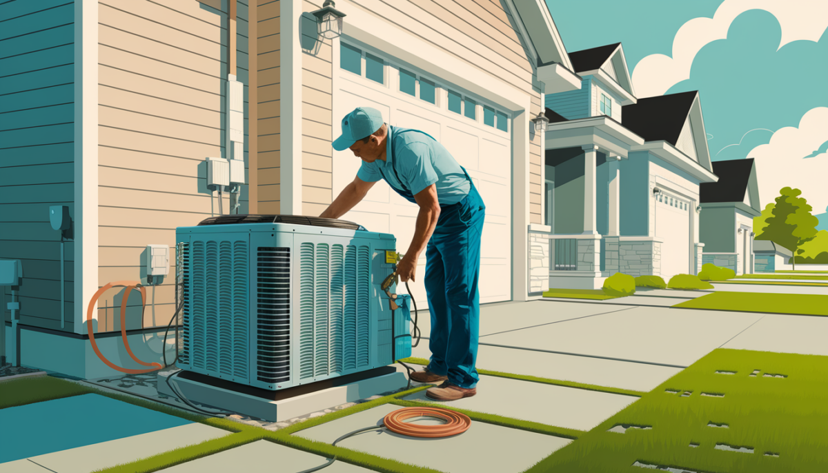 A professional HVAC technician performing maintenance on a central air conditioning unit outside a modern home in a suburban Texas neighborhood, with tools and equipment around, and a garden hose suggesting plumbing services.