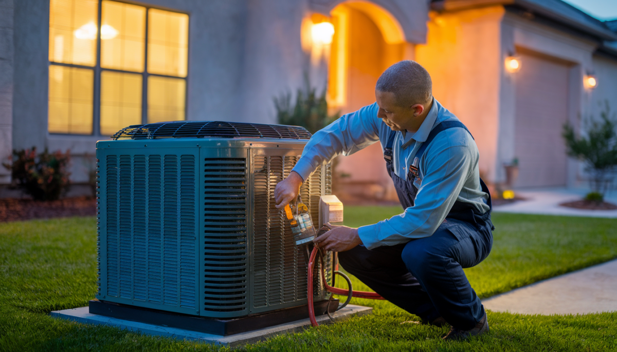 A professional HVAC technician inspects a central air conditioning unit outside a suburban Texas home at dusk, highlighting expertise and reliability.