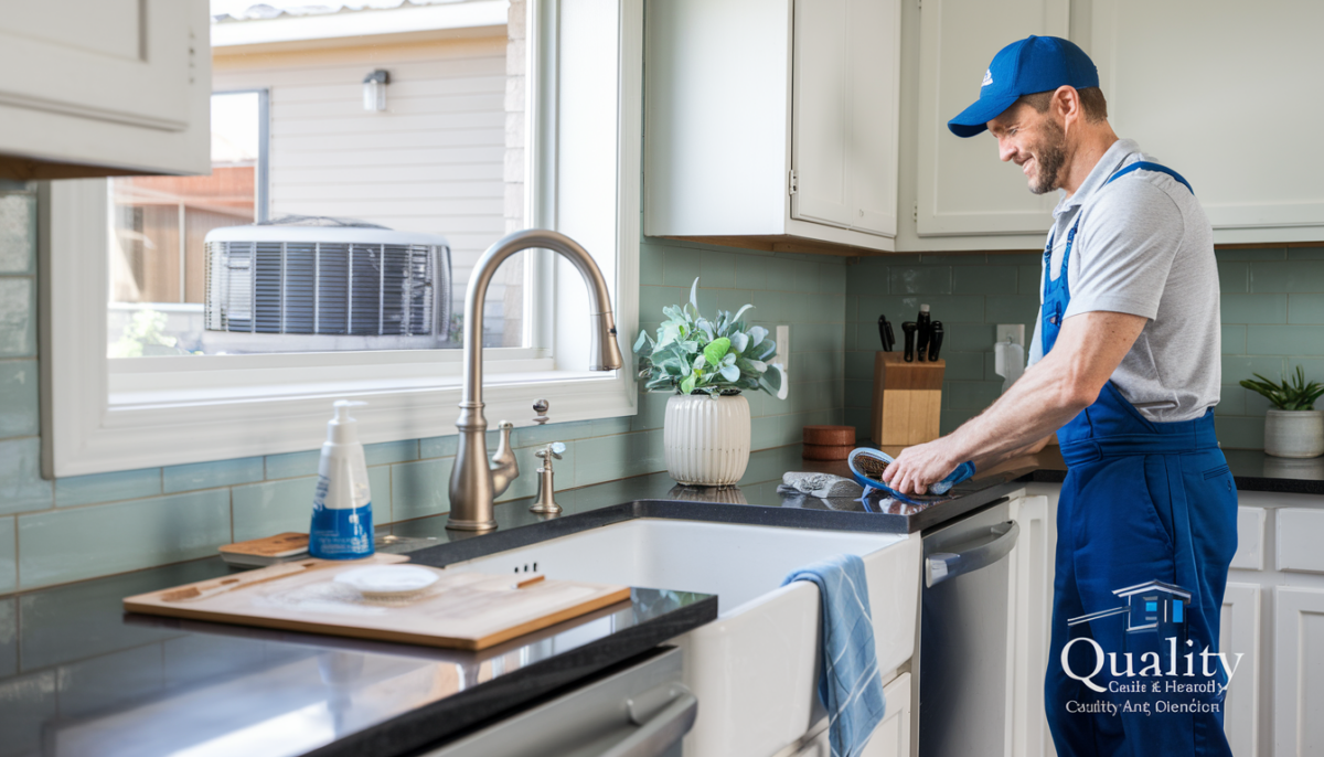 A modern kitchen in a Texas home with a clean sink, an HVAC technician working outside, and a central air conditioning unit visible through a window.