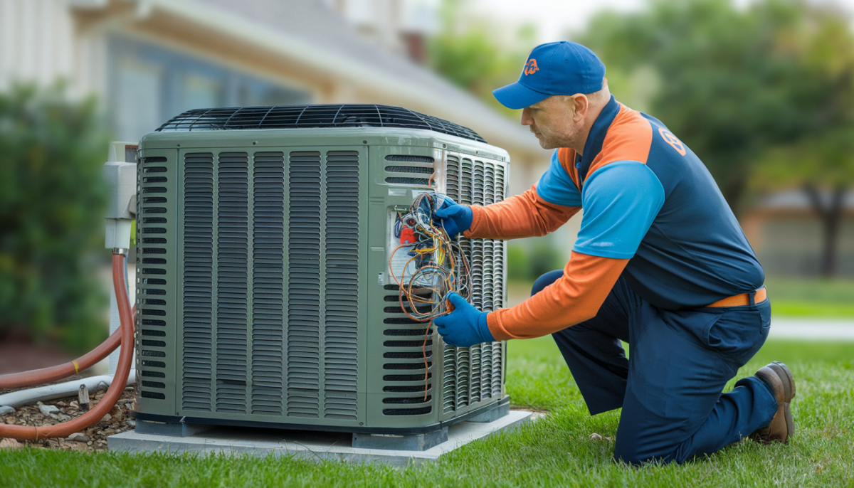 A professional HVAC technician inspects an outdoor central air conditioning unit at a suburban home, wearing branded attire in cool blues and warm oranges.