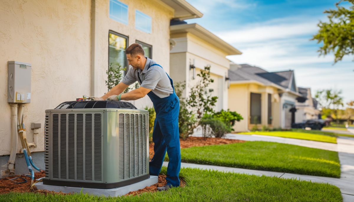 A professional HVAC technician working on a central air conditioning unit outside a modern suburban home in a Texas neighborhood under clear blue skies.