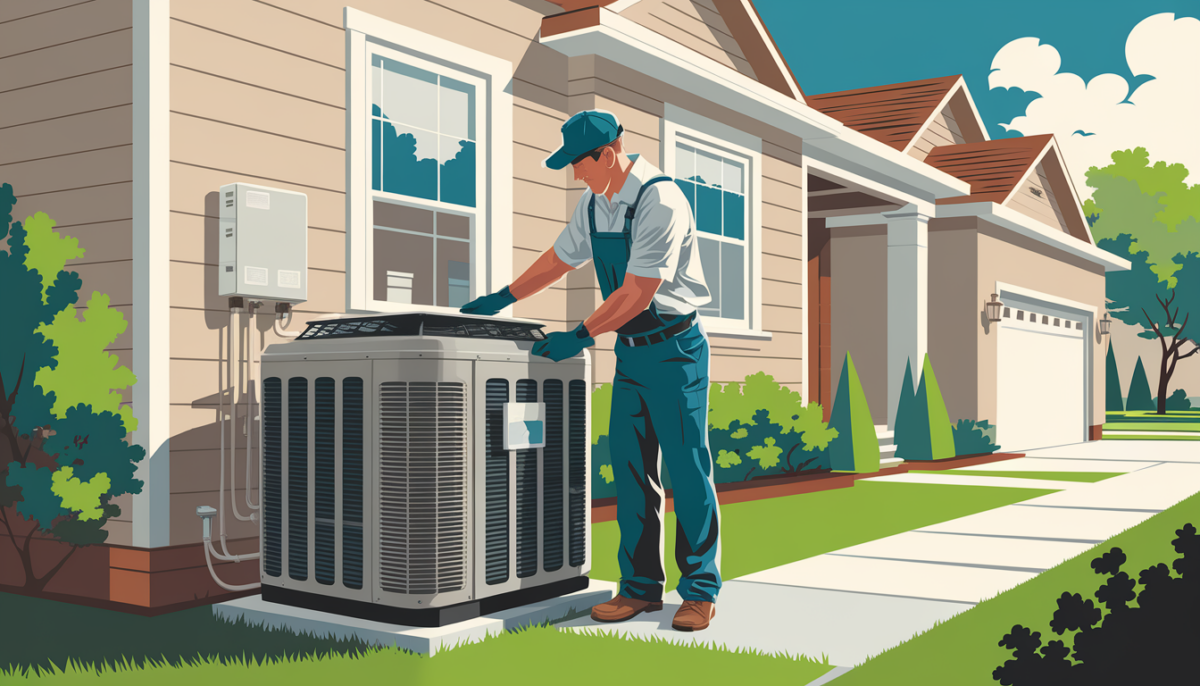 A professional HVAC technician examines a central air conditioning unit outside a suburban home in Texas on a sunny day.