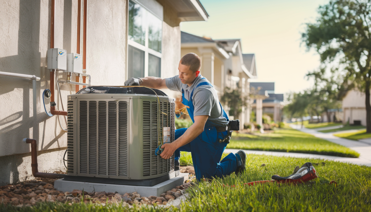 A professional HVAC technician in uniform works on a central air conditioning unit outside a suburban home in a Texas neighborhood.