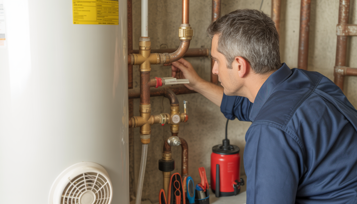 HVAC technician inspecting water heater pipes for leaks in a residential basement.