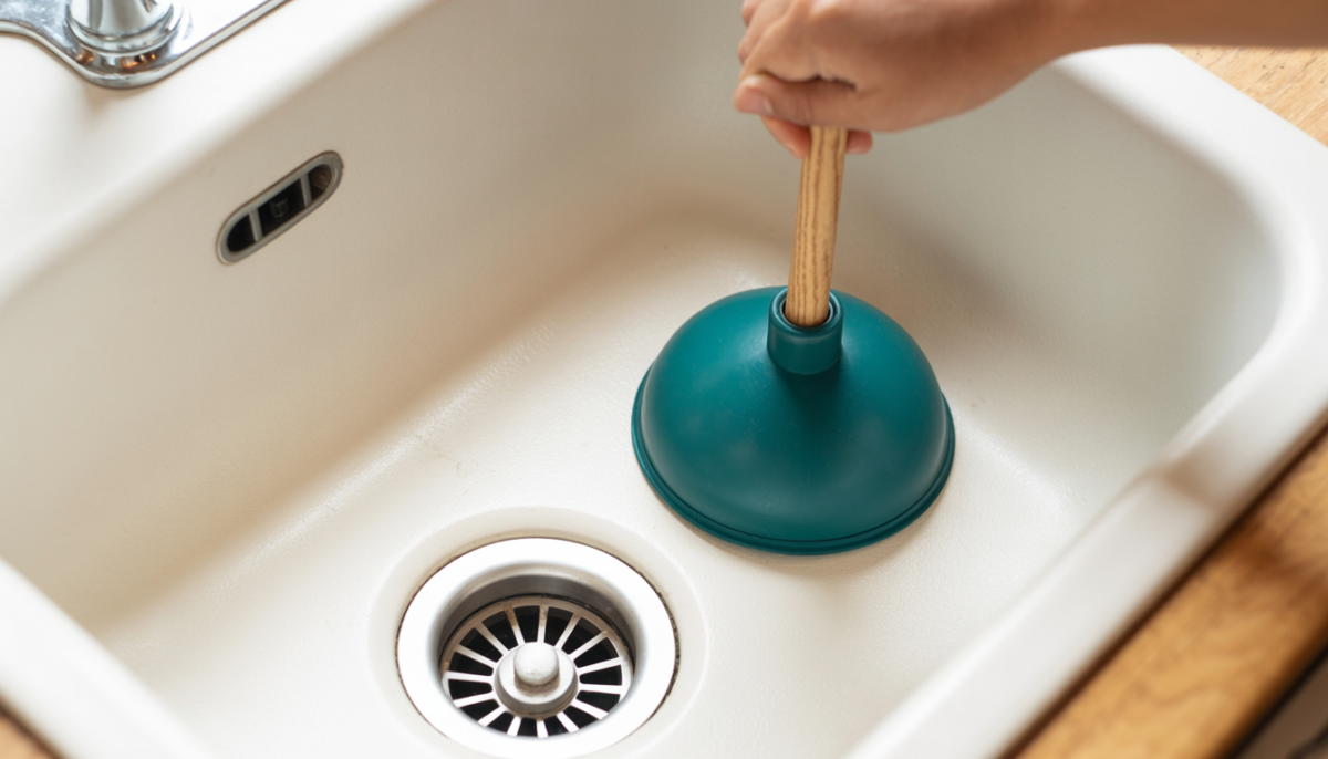 Close-up of a kitchen sink with a plunger, illustrating a DIY unclogging method.