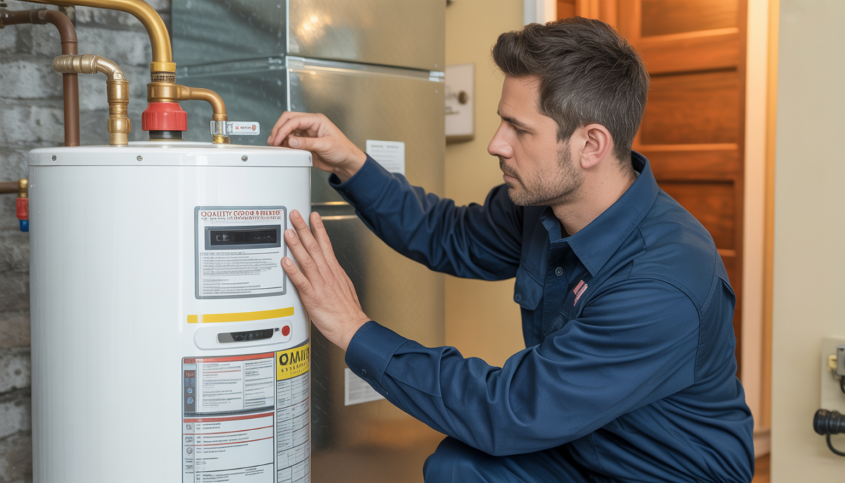 HVAC technician inspecting a water heater in a basement, representing professional service.