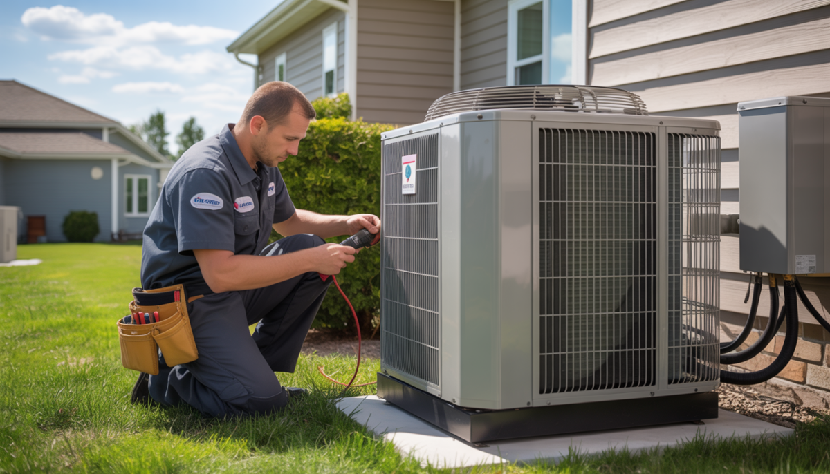An HVAC technician in uniform examines a central heat pump unit outside a suburban home, set against a backdrop of green grass and a clear sky.