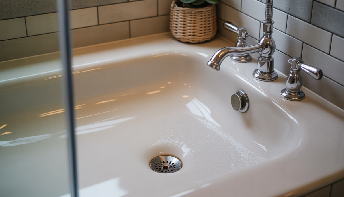 A clean bathroom showcasing a clear shower drain.