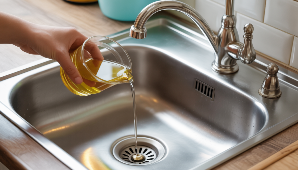 A hand pouring vinegar into a kitchen sink drain, demonstrating an eco-friendly unclogging method.