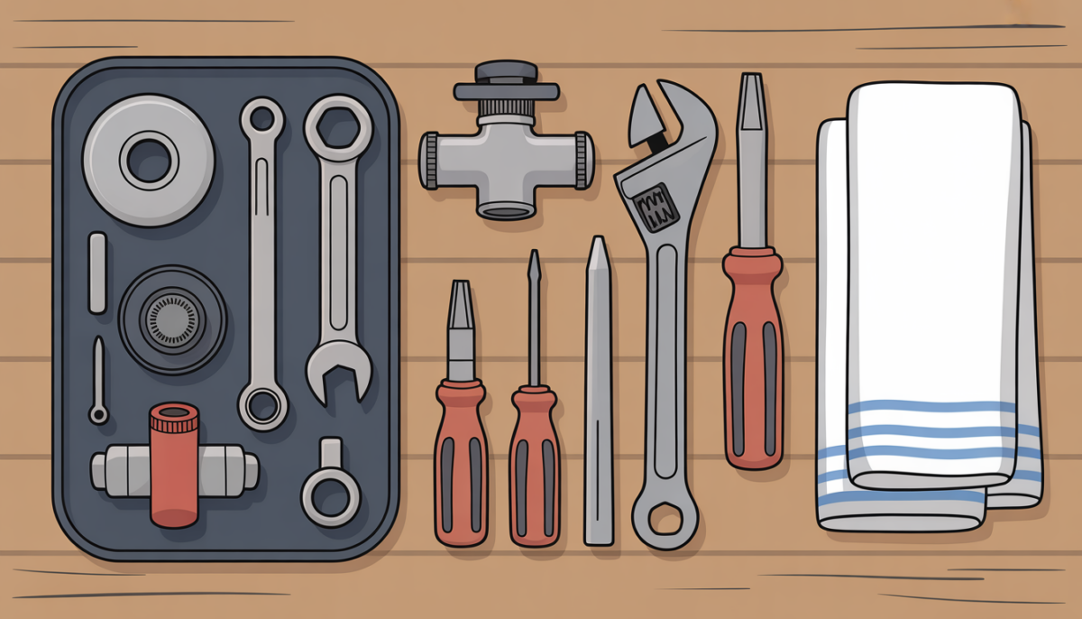 A plumbing toolkit with tools and materials for toilet valve repair on a workbench.