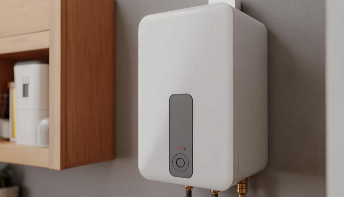 Close-up of a mini tankless hot water heater showcasing its compact and sleek design.