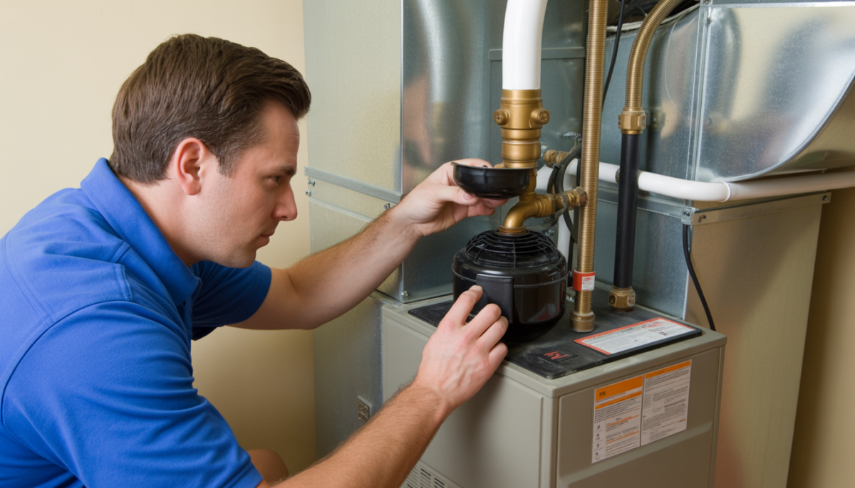 HVAC technician examining a furnace condensate drain trap in a residential basement.