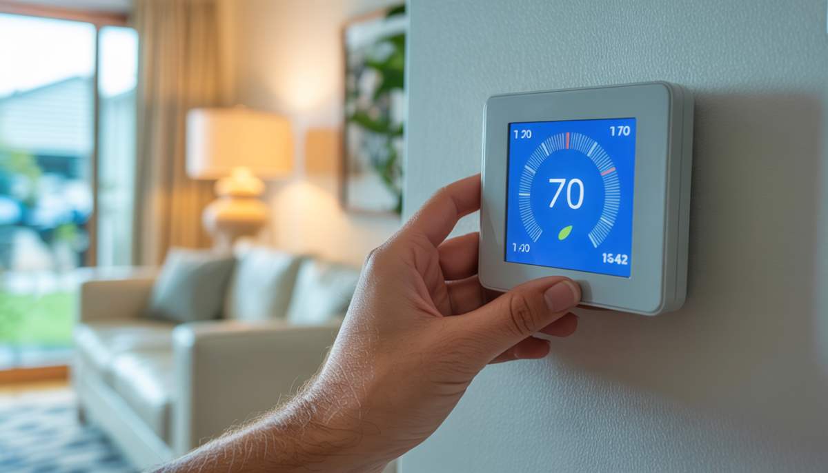 Homeowner adjusting a digital thermostat in a living room.