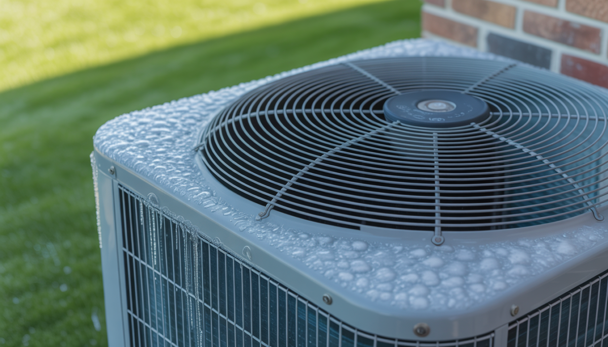 Close-up of a central AC unit with frost on coils in a sunny Texas yard.