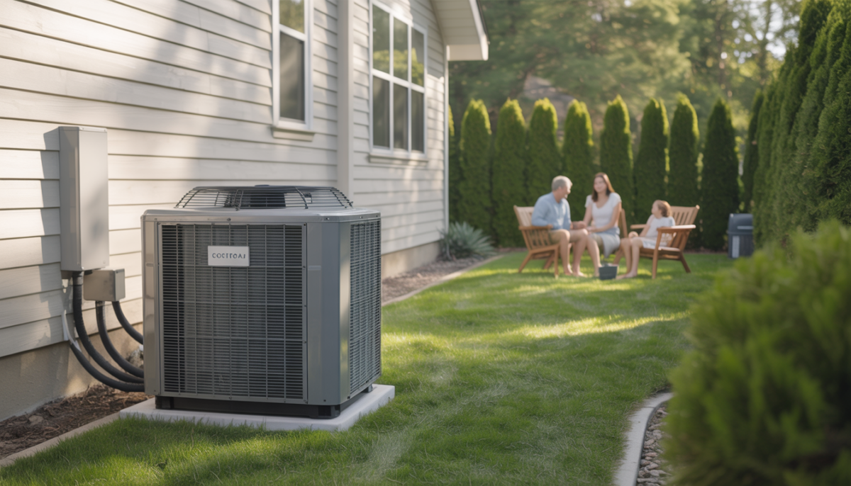 A central HVAC unit beside a house, with a family enjoying their backyard, illustrating home comfort.