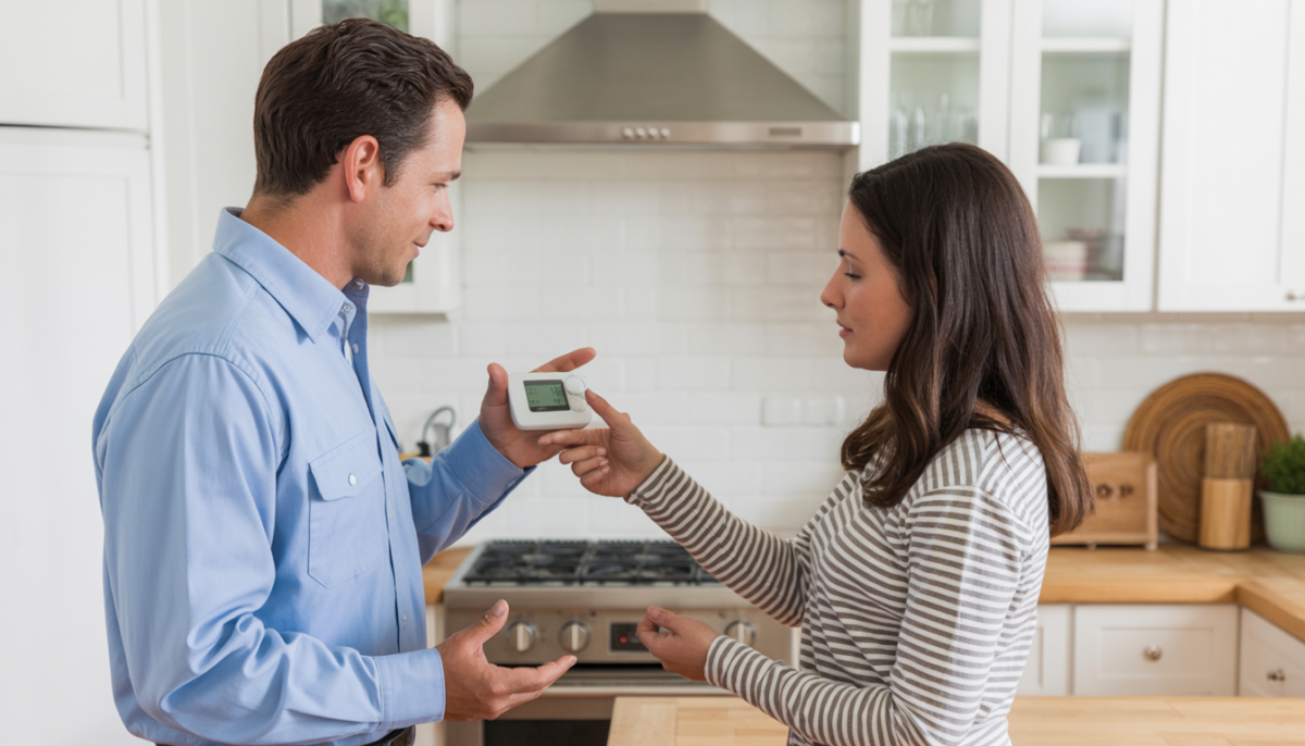 Technician explaining thermostat settings to a homeowner in a modern kitchen.