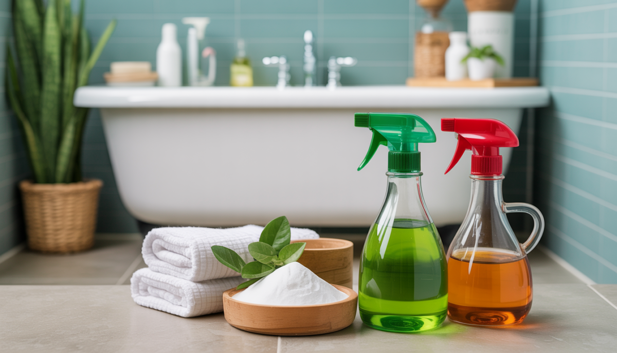 Natural cleaning supplies in a bathroom for unclogging drains.