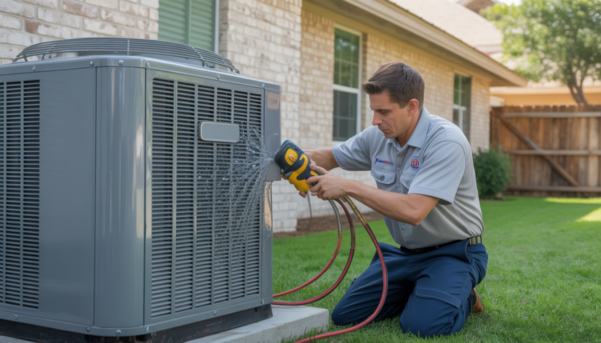 HVAC technician cleaning AC coils in a Texas backyard.
