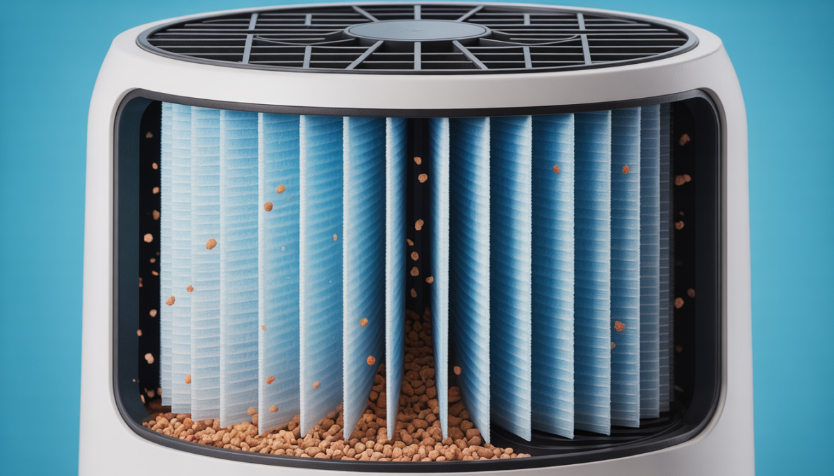 An air purifier filter capturing dust and allergens, showing the importance of filter changes.
