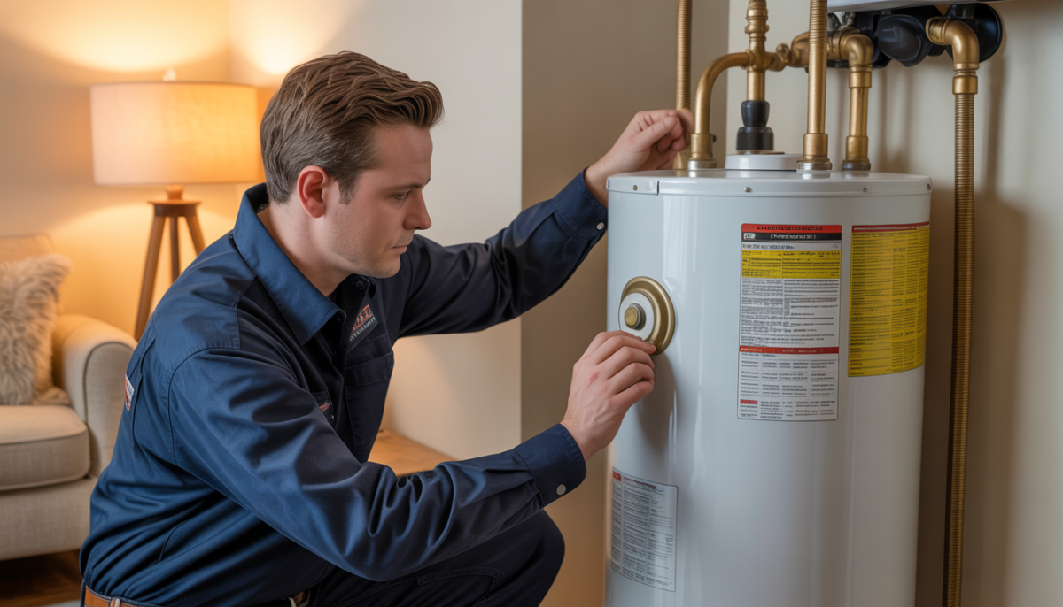 An HVAC technician inspecting a gas hot water heater in a home, showcasing careful maintenance work.