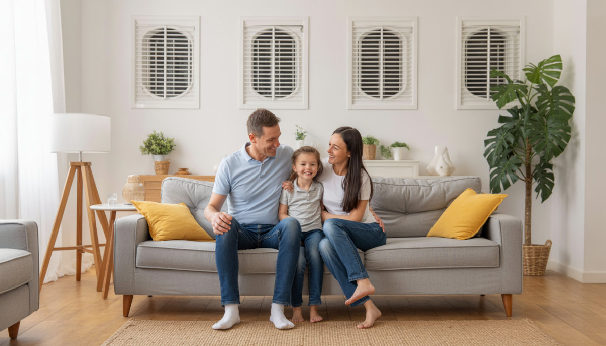 Family relaxing in a living room with visible air vents, indicating clean air from a maintained HVAC system.