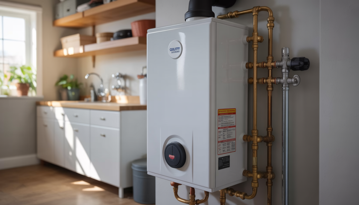 Compact tankless hot water heater in a tidy utility room.