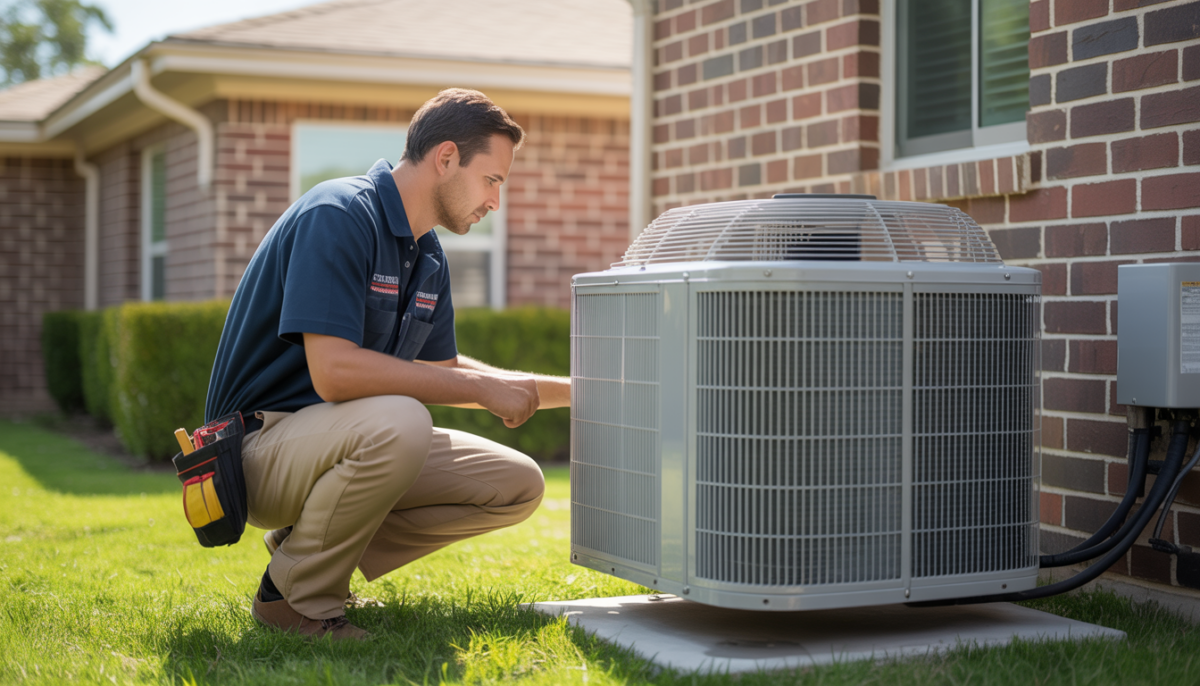 An HVAC technician inspecting a central air conditioning unit outside a suburban home in Texas.