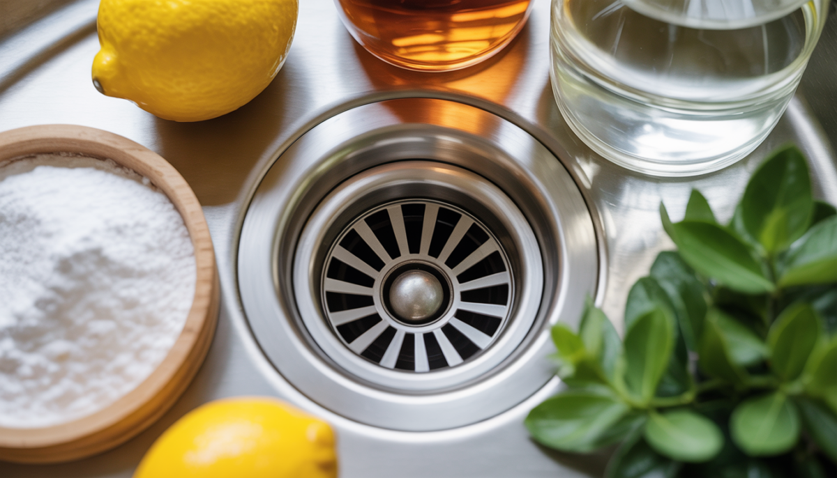 A kitchen sink with a drain cover and eco-friendly cleaning supplies like baking soda and lemon nearby.