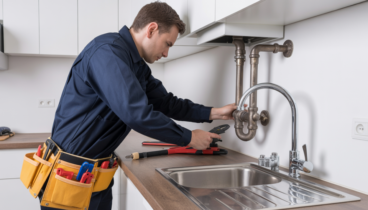 A plumber in uniform repairing a burst pipe under a kitchen sink, demonstrating professional service.