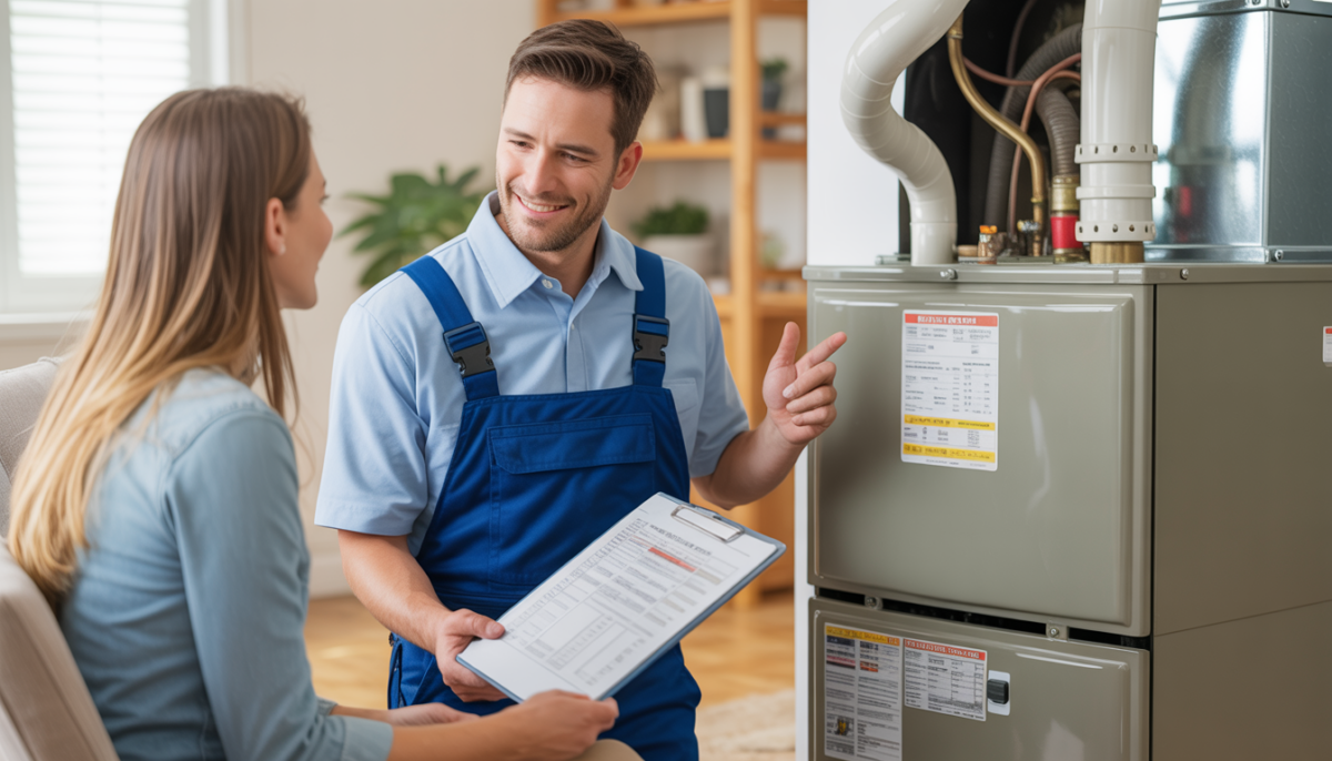 Technician discussing furnace repair with a homeowner in a welcoming home setting.