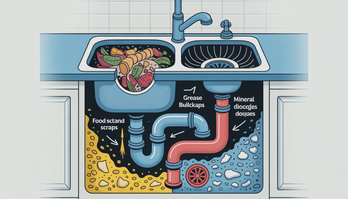Cutaway view of kitchen plumbing showing blockage causes like food scraps and grease.