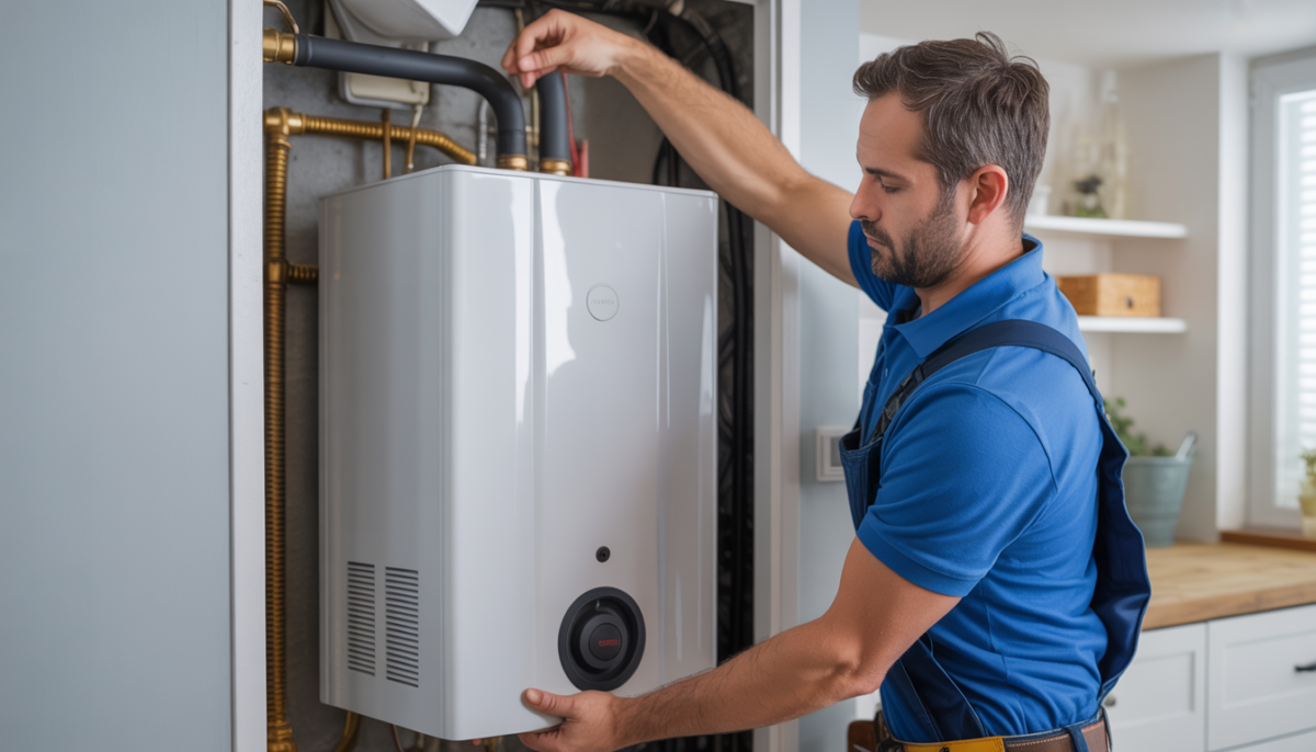 Technician installing a tankless water heater in a modern utility room.