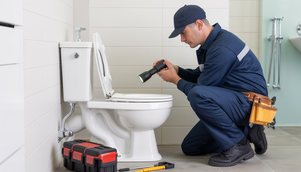 A plumber in uniform inspecting a toilet tank in a modern bathroom, using a flashlight with tools on the floor.