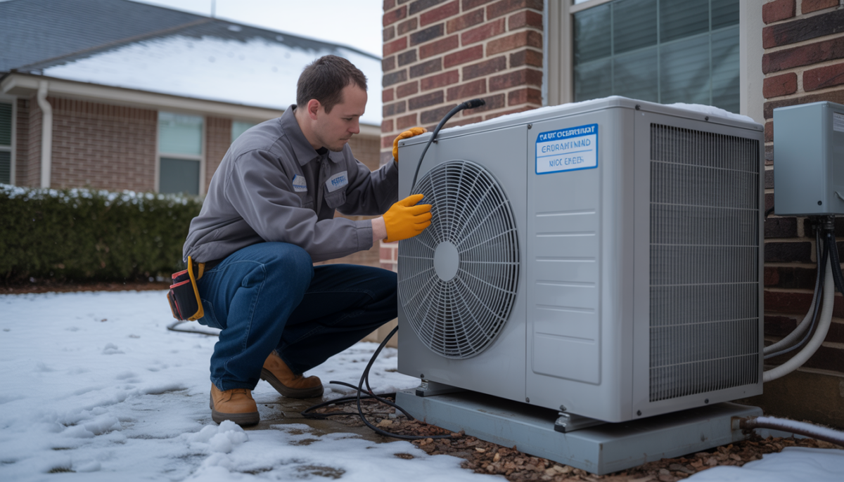 HVAC technician inspecting a central heating unit in a snowy Texas neighborhood.