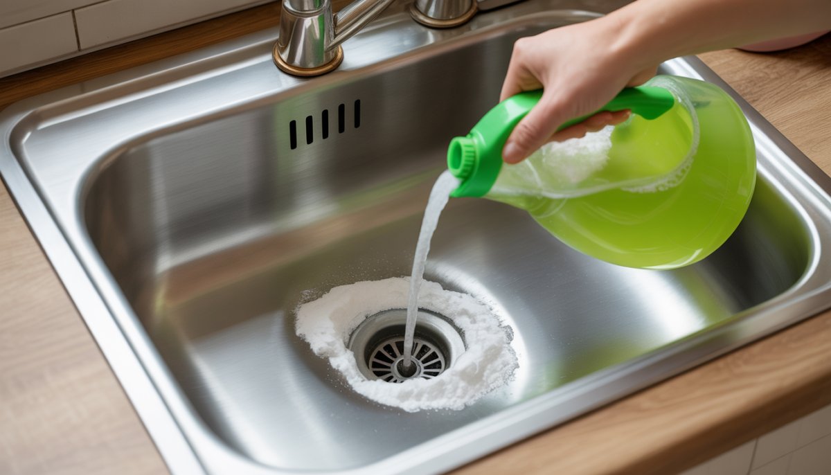 Eco-friendly cleaning materials like baking soda and salt near a kitchen sink.