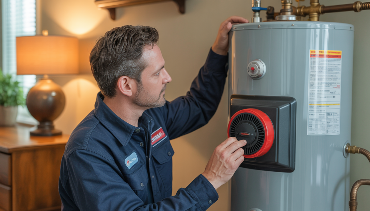 An HVAC technician inspecting a gas water heater, highlighting components such as the burner and thermostat in a home environment.
