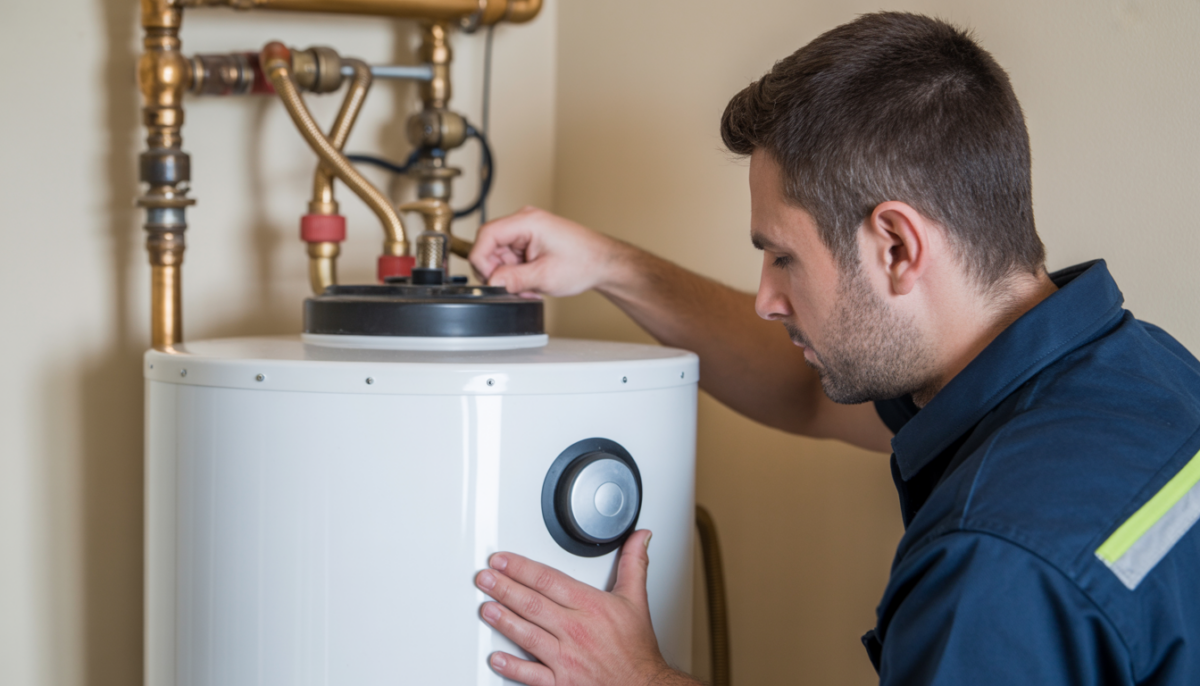 A technician inspecting a hot water heater in a home, checking its components for maintenance.